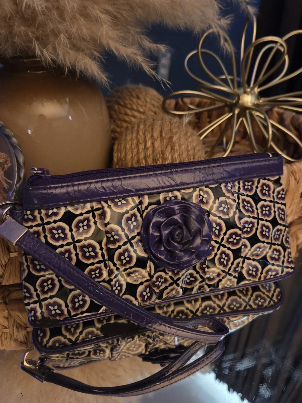 Vera Bradley Purple Floral Patent Wristlet Clutch with Rose Accent